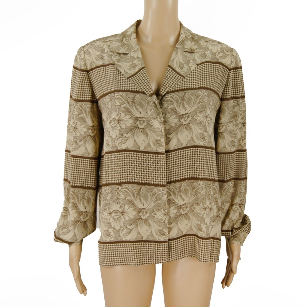 Vintage Valentino Brown Beige Lattice Floral Long Sleeve Silk Blouse Shirt